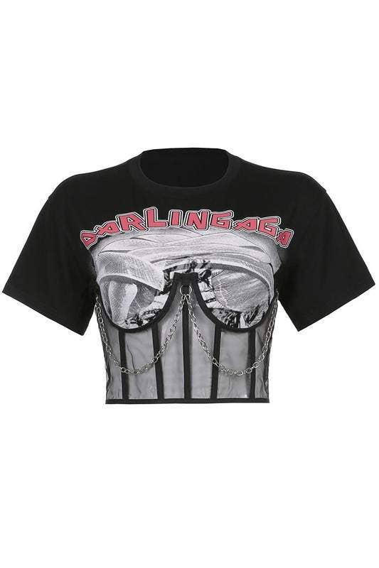 Graphic mesh crop top